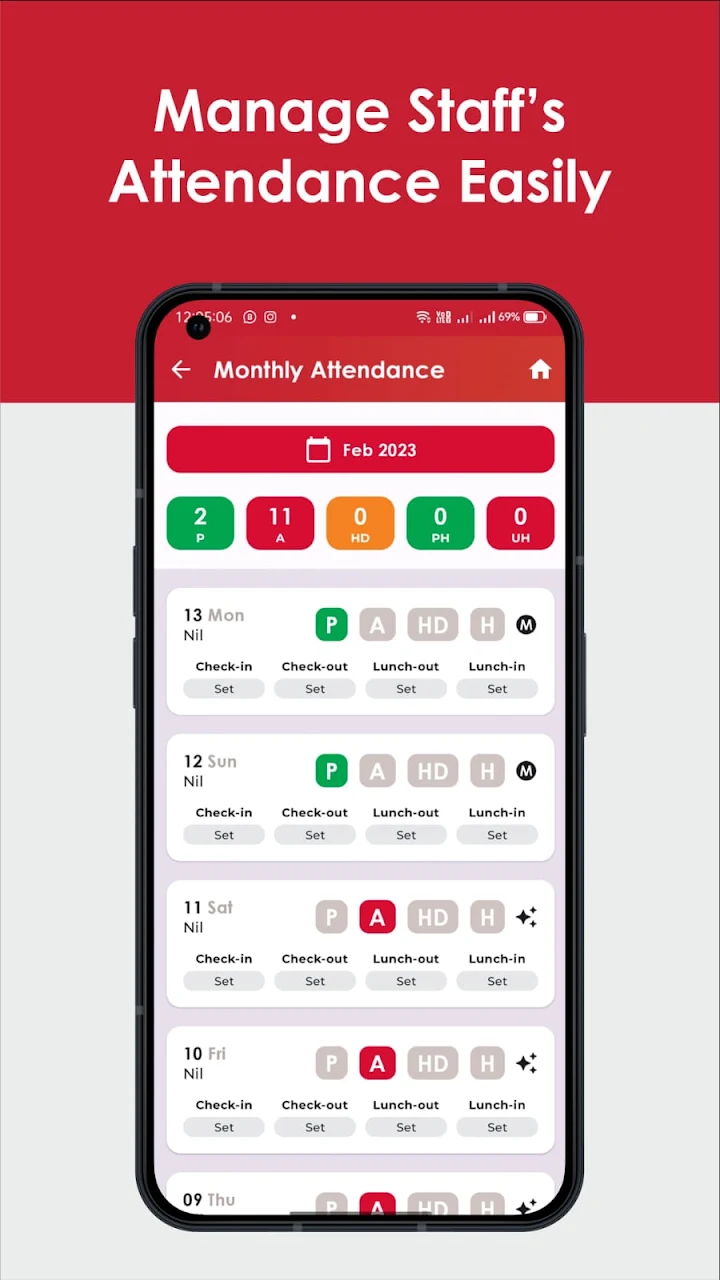 Karobar Easy monthly staff attendance screen